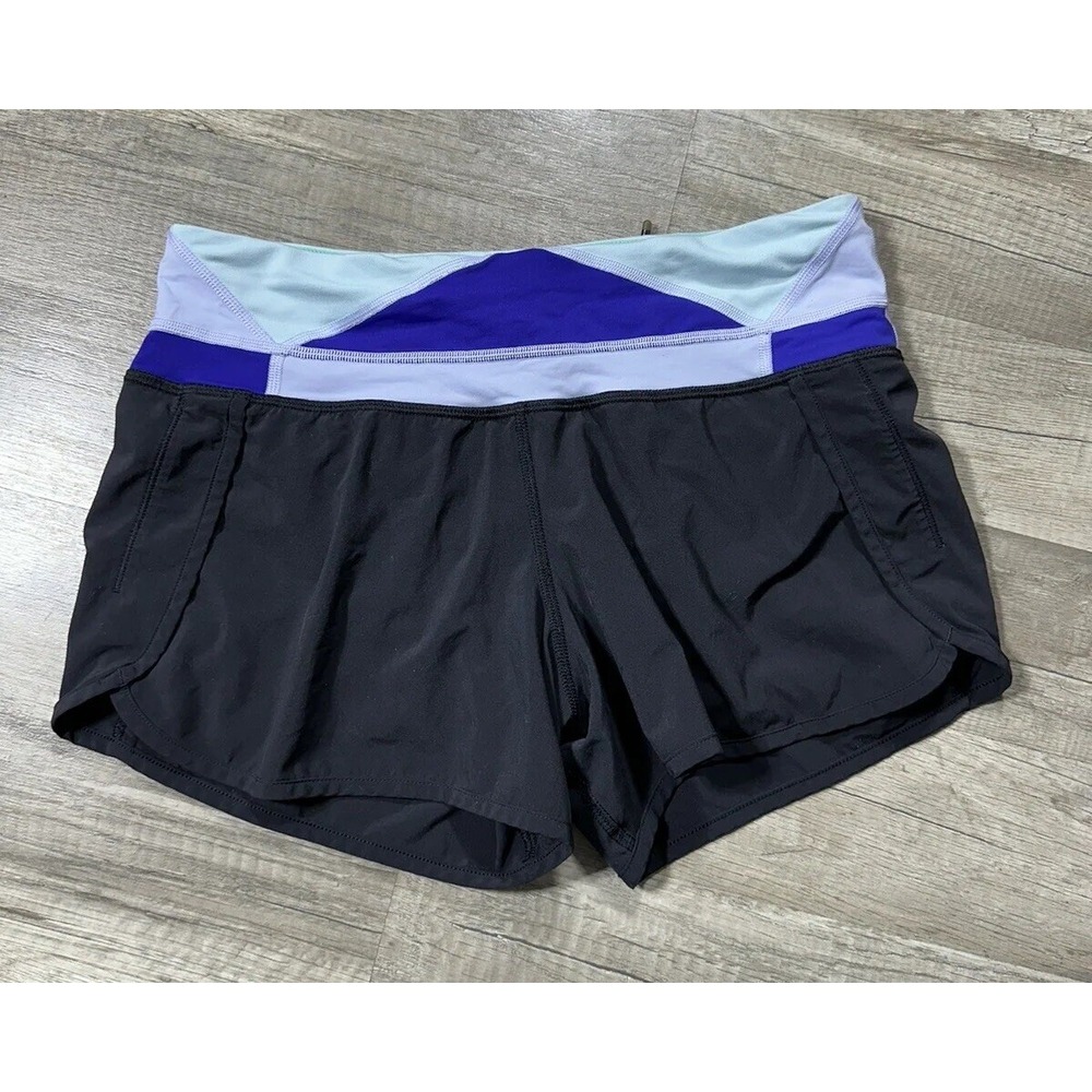 Lululemon Run Times Sz 4 Shorts Running Black/Blue Quilt 2 Way Stretch 4"